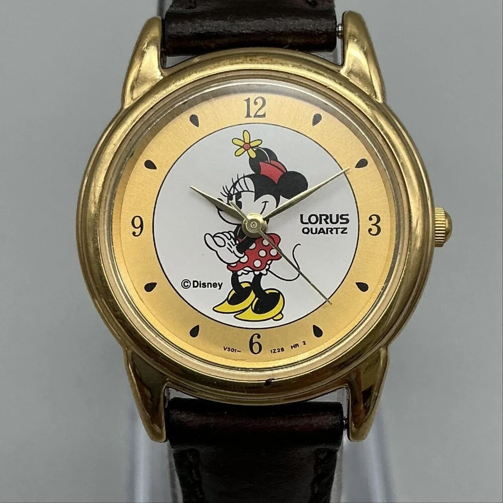 Vtg Lorus Womens Watch 26mm Minnie Mouse Gold Tone V501-6N70 Leather Band